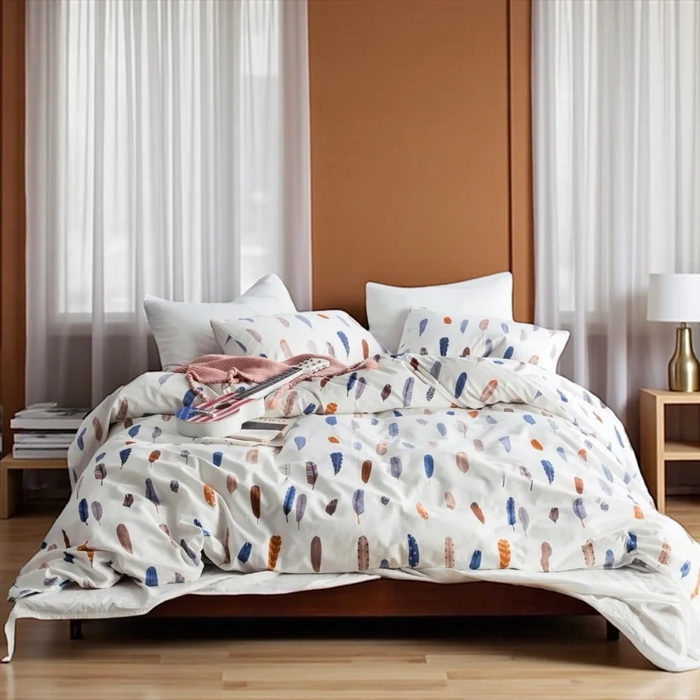 NEW Anthro White Abstract Feather Boho Cotton Queen King Bedding Duvet Sham Set